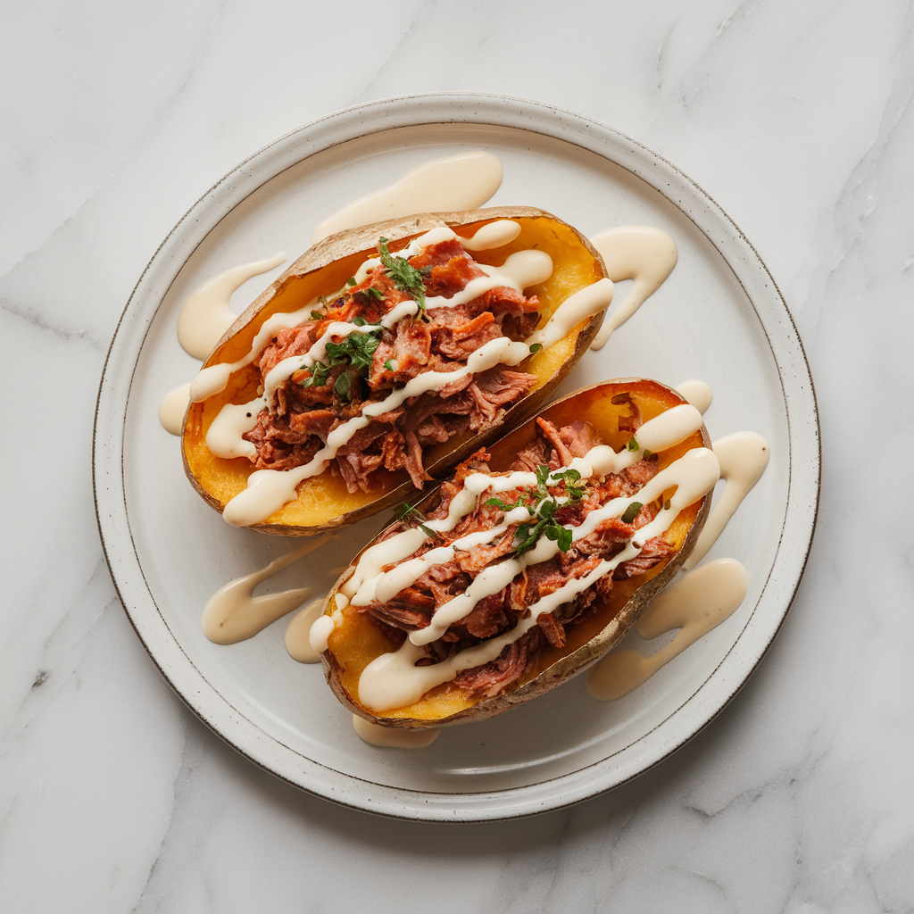 Spicy BBQ Pulled Pork Potato Skins with Cheddar Ranch Drizzle
