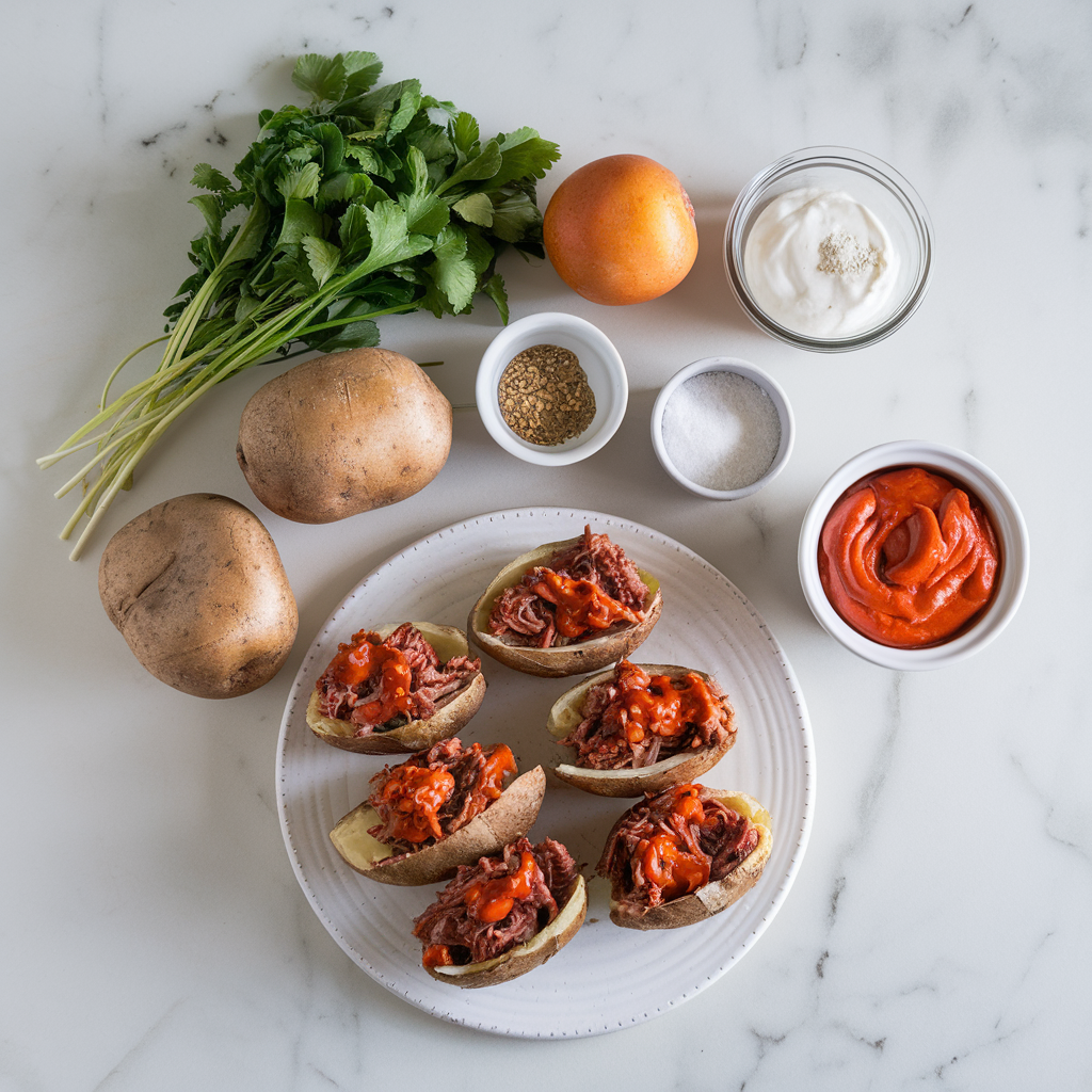 Ingredients for Spicy BBQ Pulled Pork Potato Skins with Cheddar Ranch Drizzle