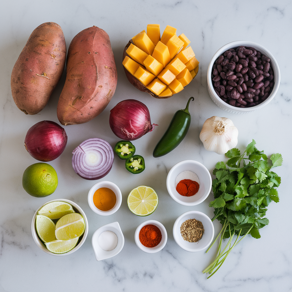 Ingredients for Spicy Black Bean & Mango Stuffed Sweet Potatoes: A Zesty, Quick Weeknight Delight