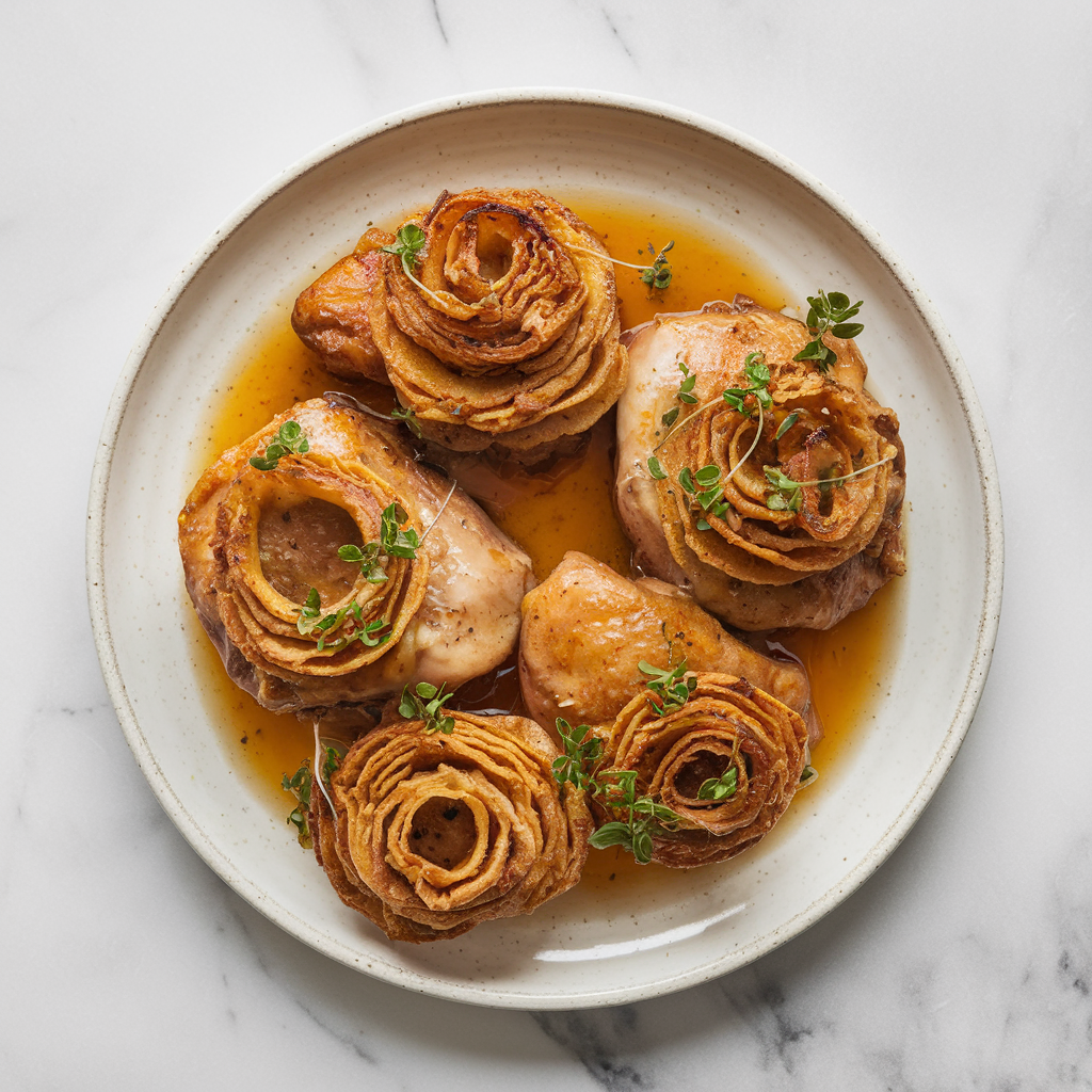 Spicy Honey Bourbon Chicken Thighs with Crispy Potato Haystacks