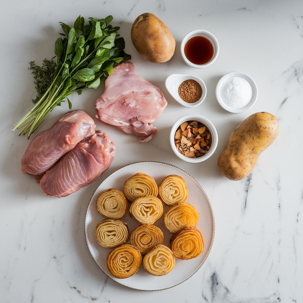 Ingredients for Spicy Honey Bourbon Chicken Thighs with Crispy Potato Haystacks