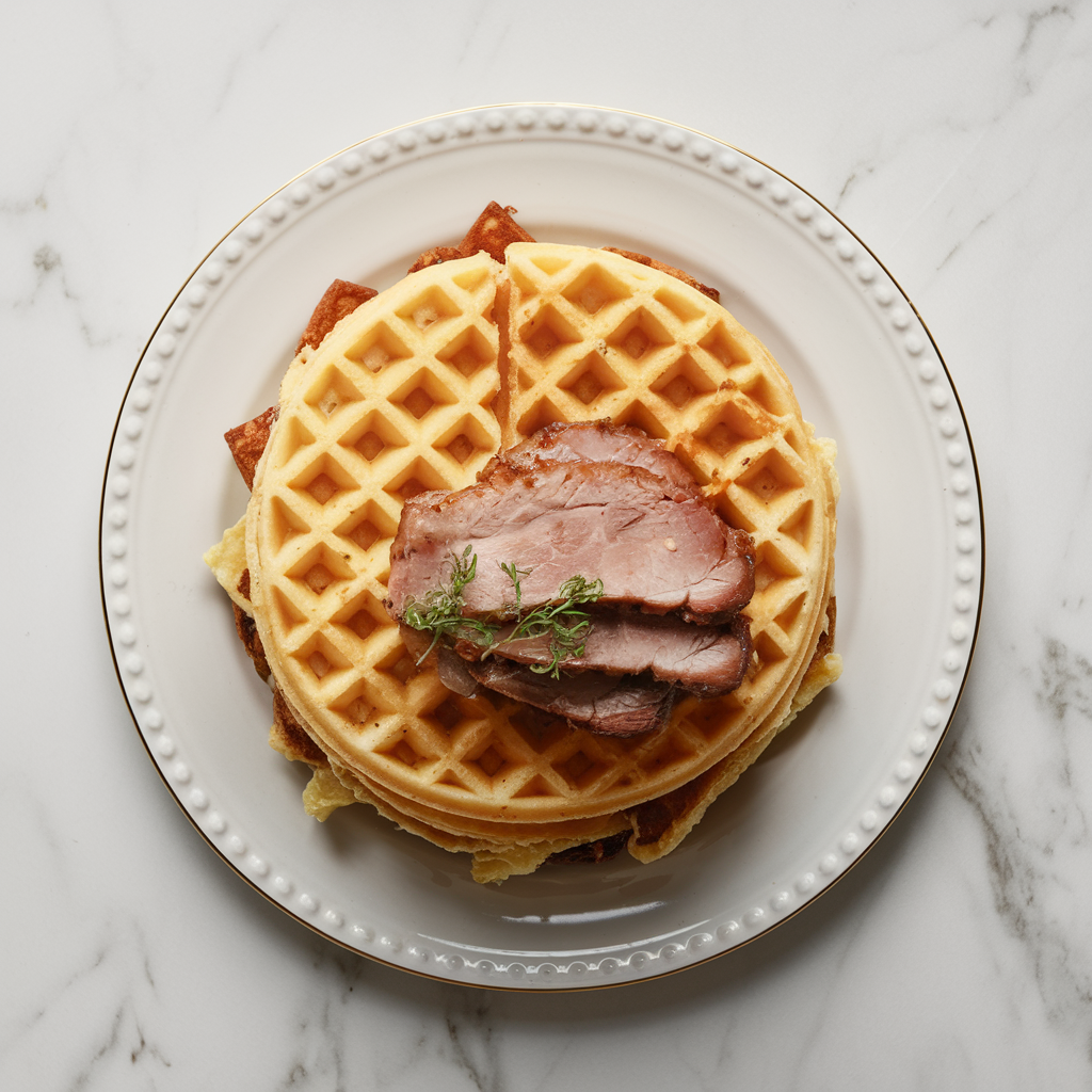 Spicy Honey-Bourbon Glazed Pork & Cornbread Waffle Stack