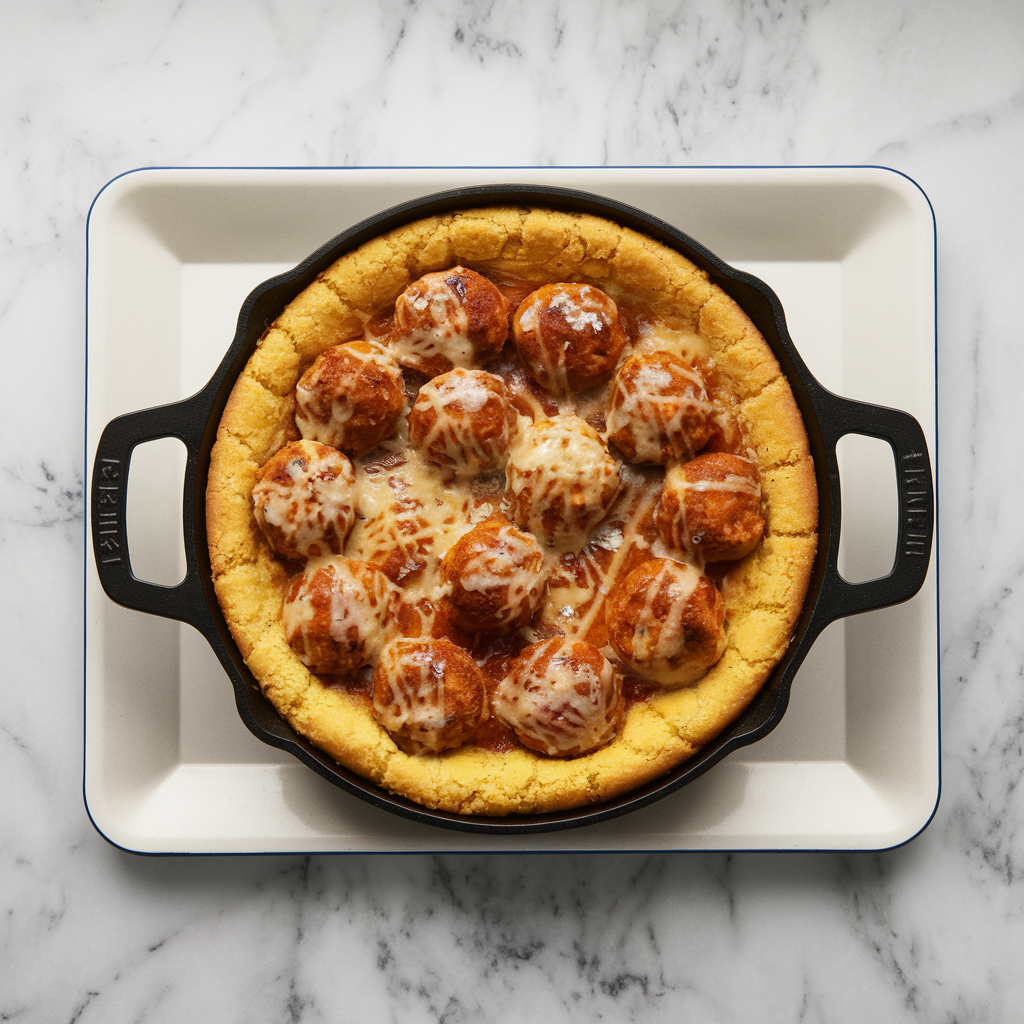 Spicy Honey-Glazed Pork Meatball Skillet with Cheesy Cornbread Crust