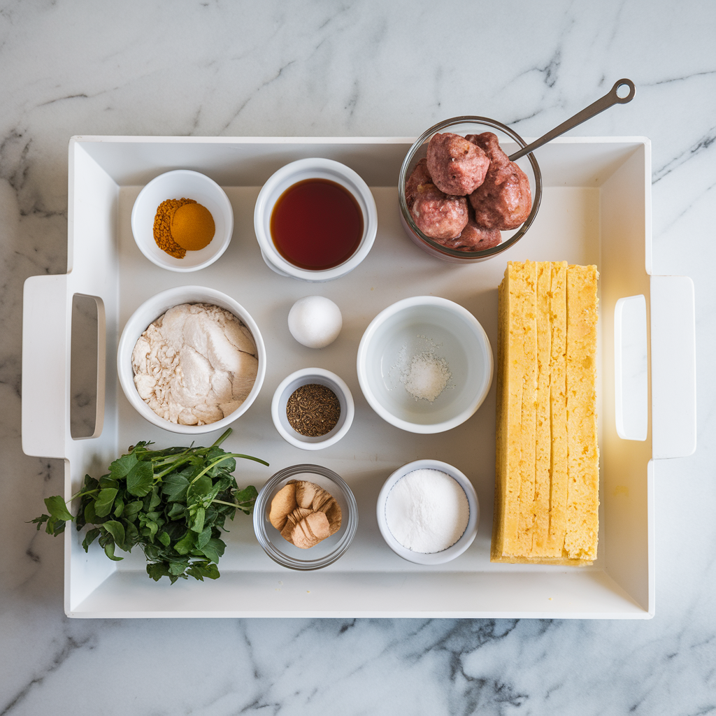 Ingredients for Spicy Honey-Glazed Pork Meatball Skillet with Cheesy Cornbread Crust