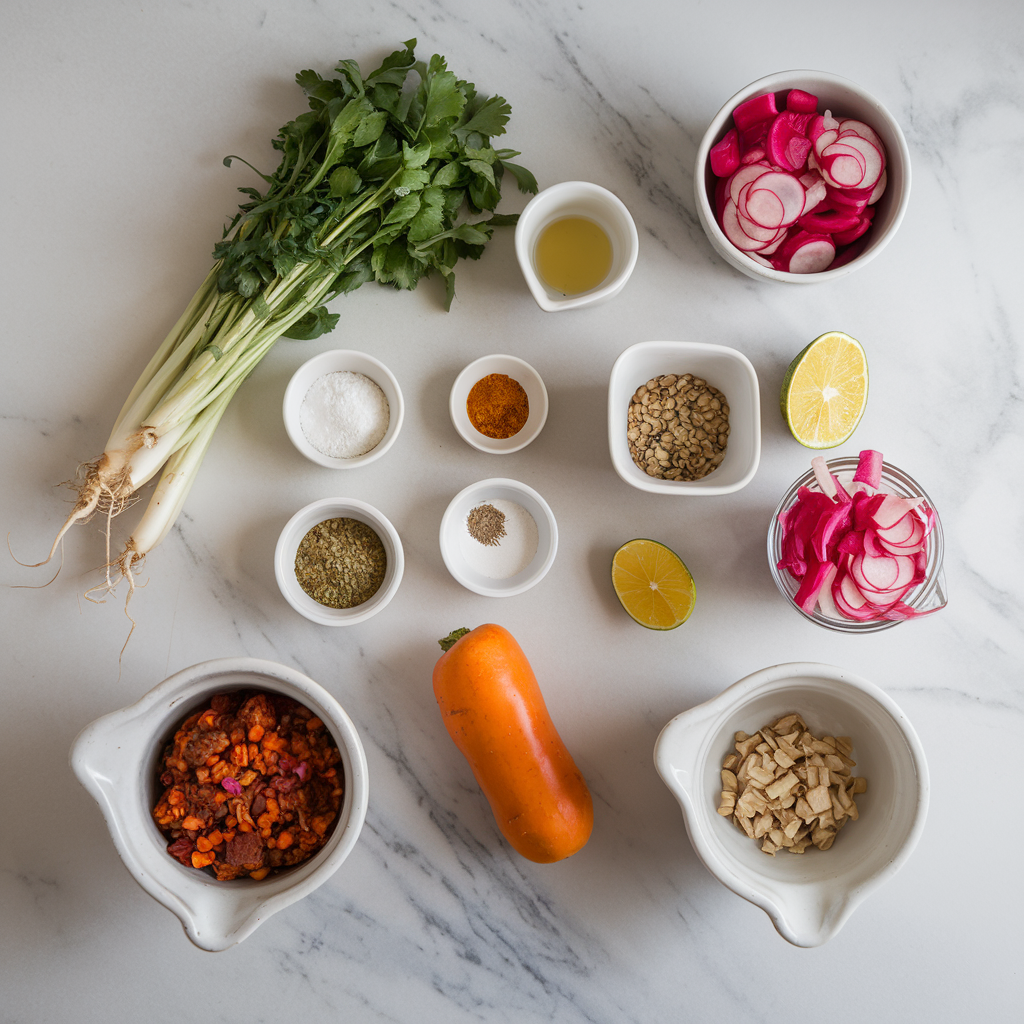 Ingredients for Spicy Jackfruit & Lentil Taco Bowls with Quick Pickled Radishes
