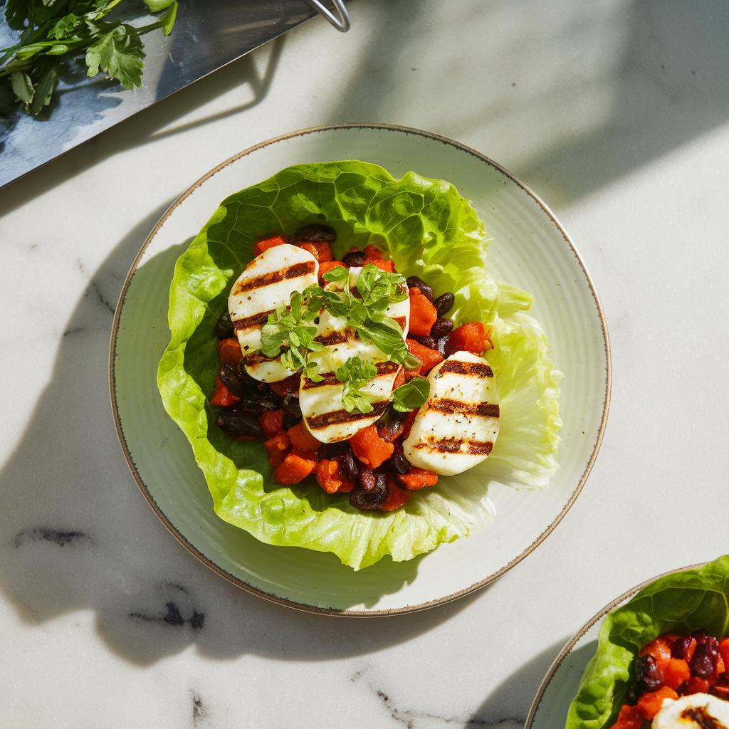 Spicy Mango and Black Bean Lettuce Wraps with Grilled Halloumi