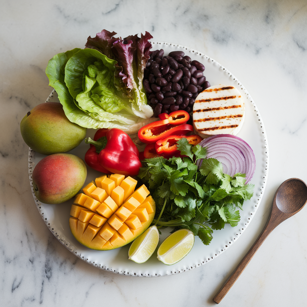 Ingredients for Spicy Mango and Black Bean Lettuce Wraps with Grilled Halloumi