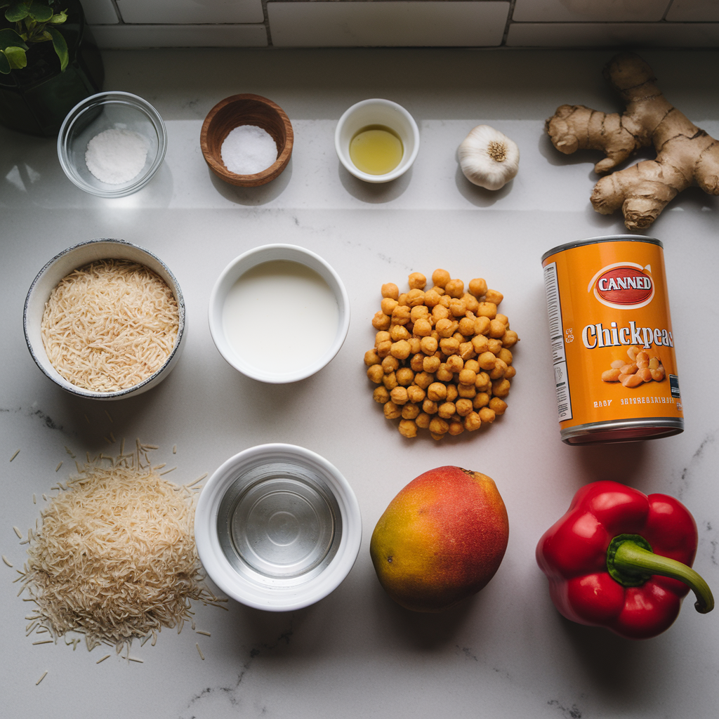 Ingredients for Spicy Mango Chickpea Stir-Fry with Quick Coconut Rice