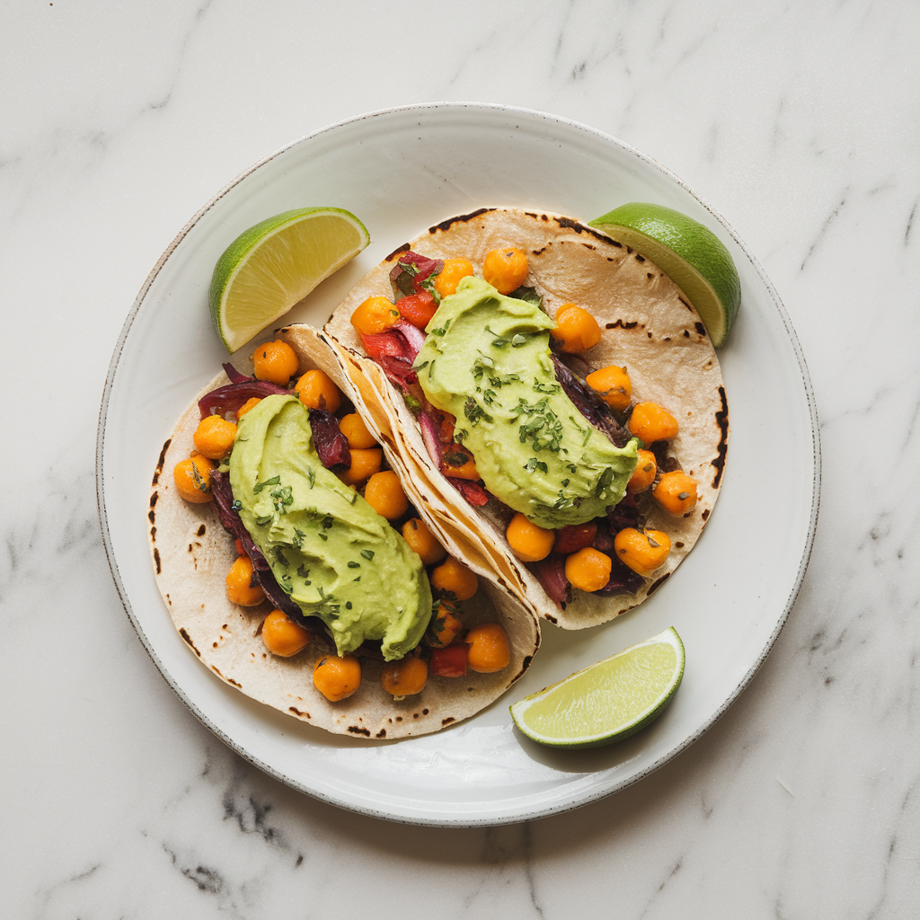 Spicy Mango Chickpea Tacos with Avocado Lime Cream