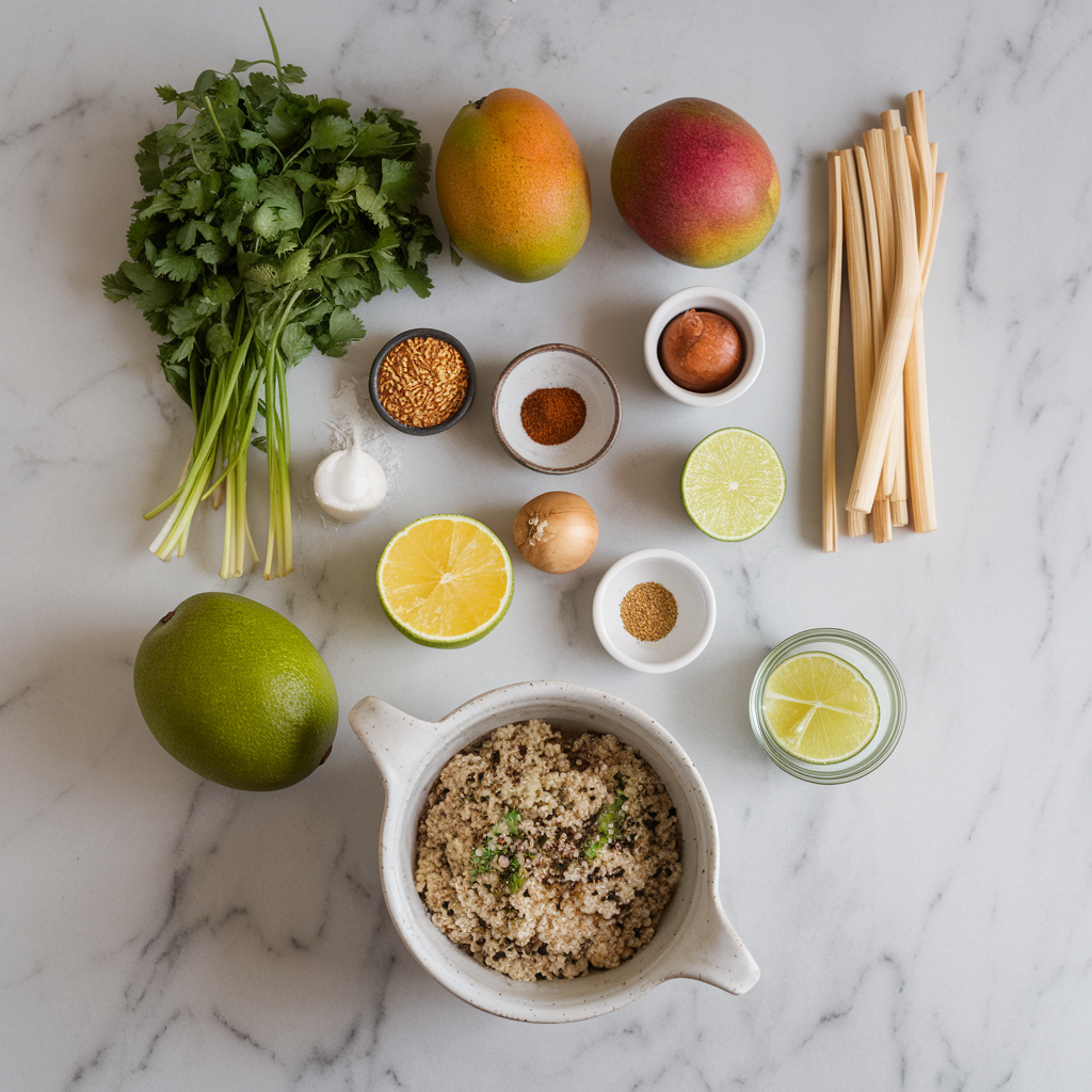 Ingredients for Spicy Mango & Lentil Stir-Fry with Ginger-Lime Quinoa