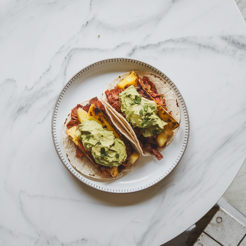 Spicy Seitan and Charred Pineapple Tacos with Avocado-Cashew Cream