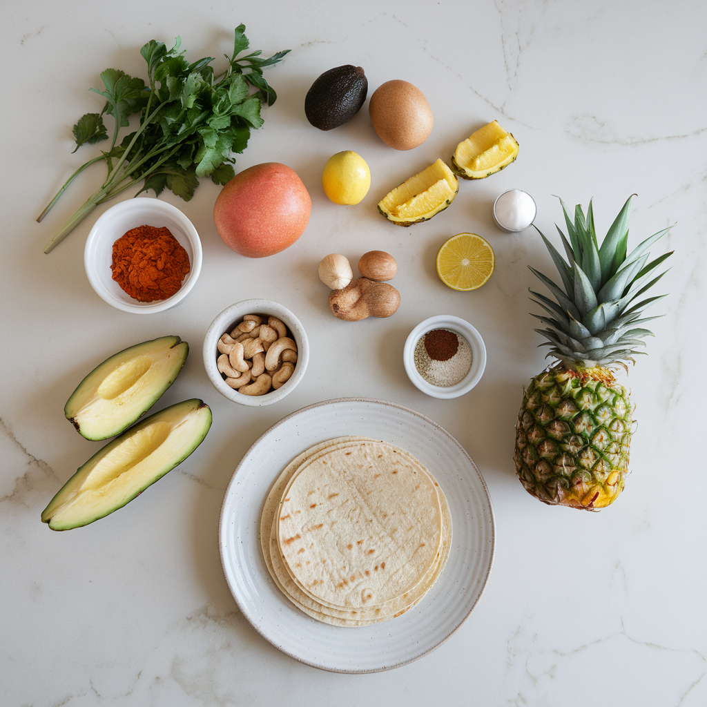 Ingredients for Spicy Seitan and Charred Pineapple Tacos with Avocado-Cashew Cream