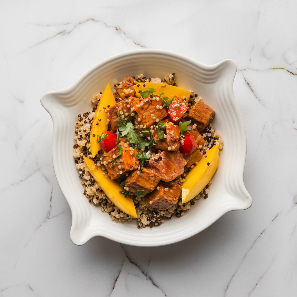 Spicy Seitan and Mango Stir Fry with Quinoa