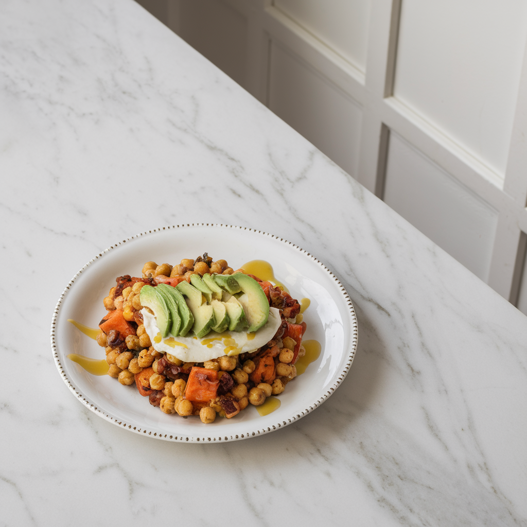Spicy Sweet Potato & Chickpea Breakfast Skillet with Avocado Drizzle