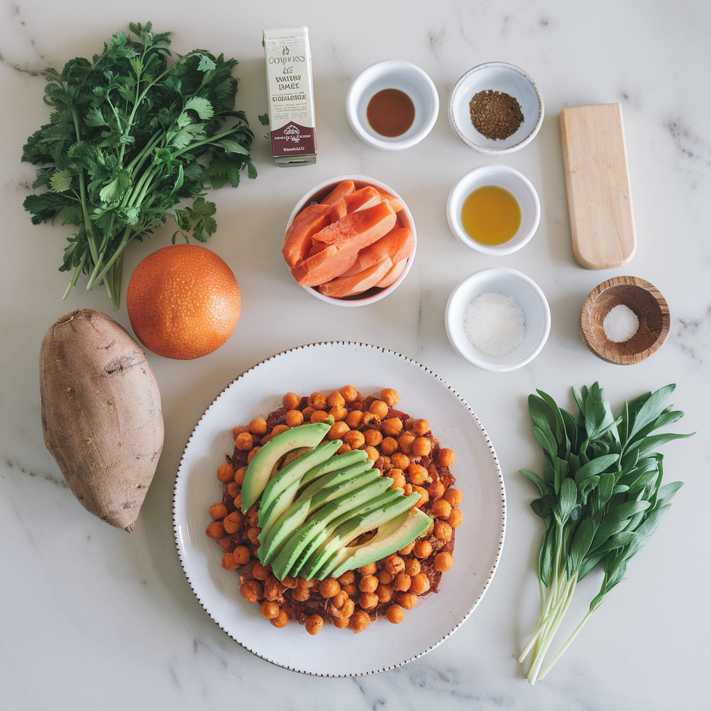 Ingredients for Spicy Sweet Potato & Chickpea Breakfast Skillet with Avocado Drizzle