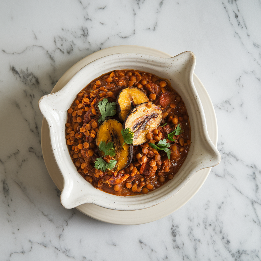 Spicy Tamarind and Lentil Fusion Stew with Roasted Plantains