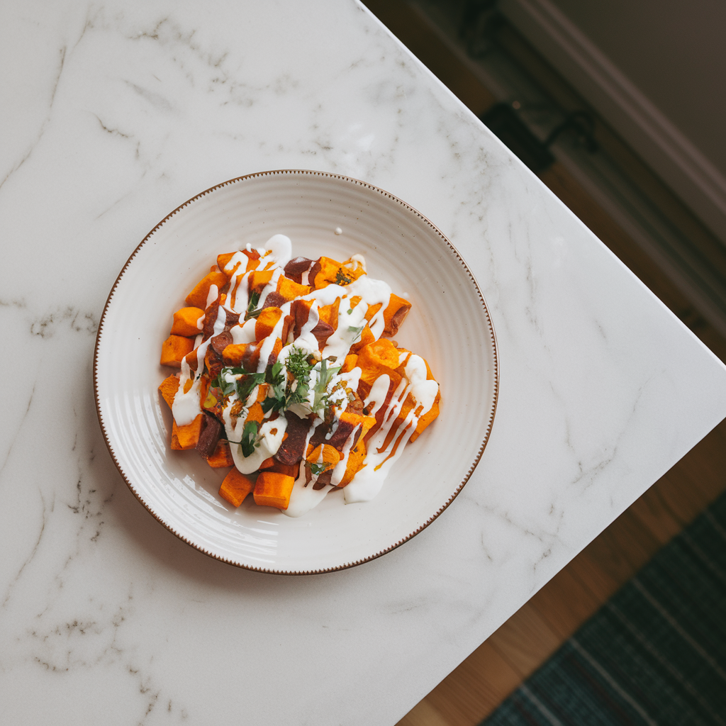 Spicy Turmeric Sweet Potato Breakfast Hash with Coconut Yogurt Drizzle