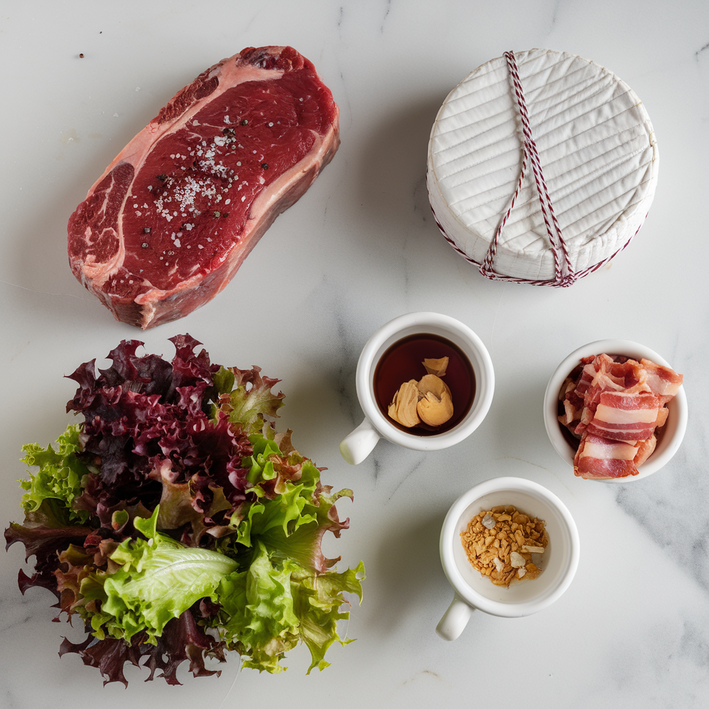 Ingredients for Steak and Brie Mixed Greens Explosion with Maple-Bacon Vinaigrette