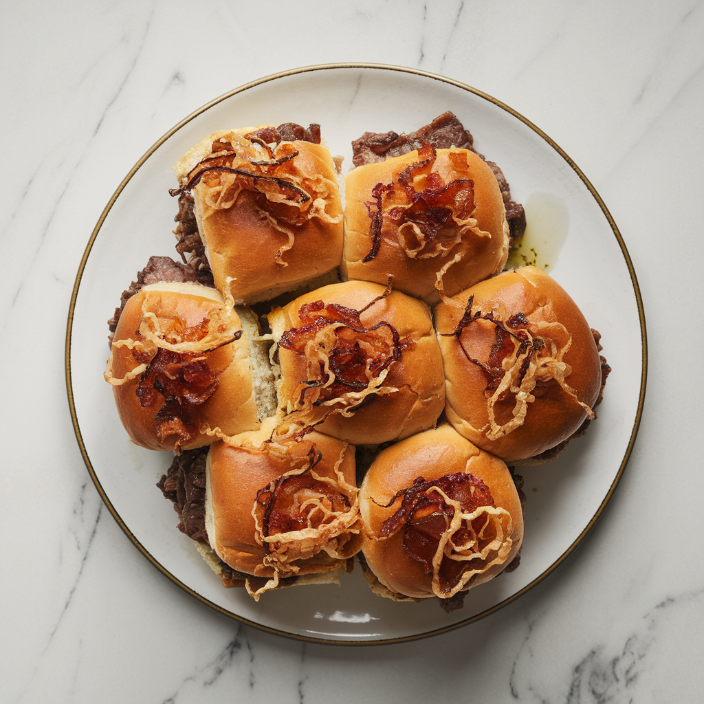 Sticky Bourbon Bacon & Beef Sliders with Crispy Onion Tangle