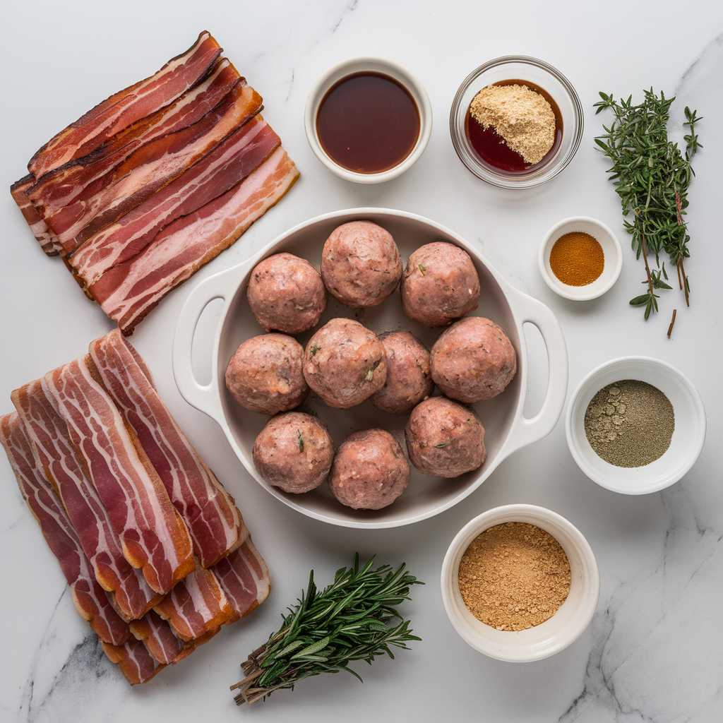 Ingredients for Sticky Bourbon Bacon Glazed Meatball Skillet