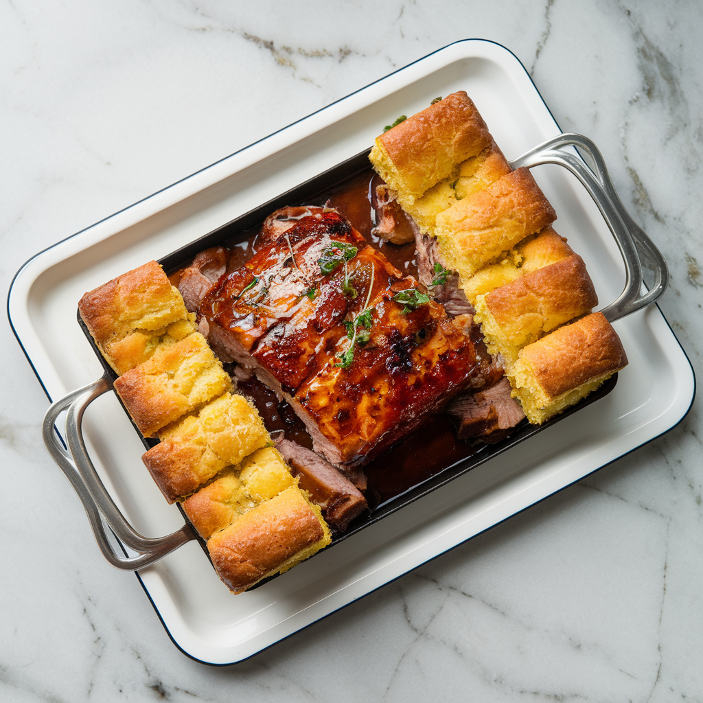 Sticky Bourbon BBQ Pork Skillet with Cheddar Cornbread Crust