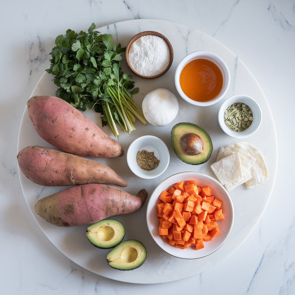 Ingredients for Sunrise Sweet Potato & Avocado Breakfast Tacos