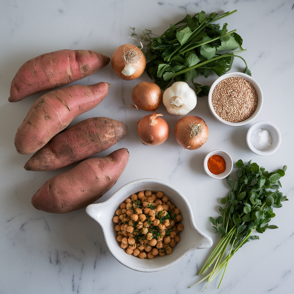 Ingredients for Sunrise Sweet Potato & Quinoa Breakfast Hash with Spiced Chickpeas