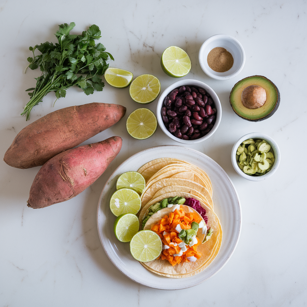 Ingredients for Sweet Potato, Black Bean, and Avocado Breakfast Tacos with Smoky Lime Drizzle
