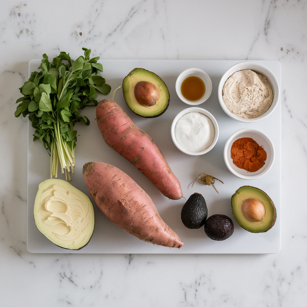 Ingredients for Sweet Potato & Black Bean Chocolate Cake with Avocado Frosting