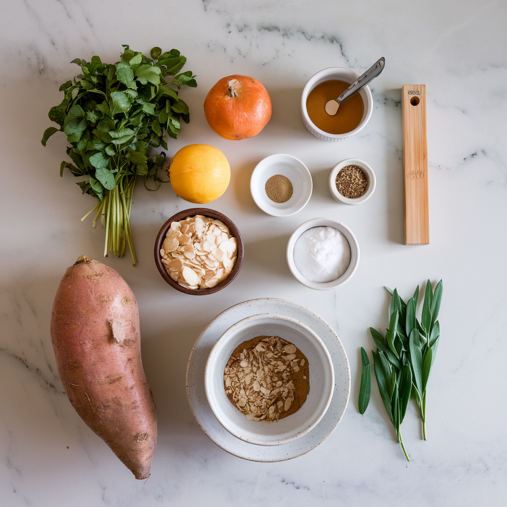 Ingredients for Sweet Potato Chai Porridge with Spiced Almond Crumble