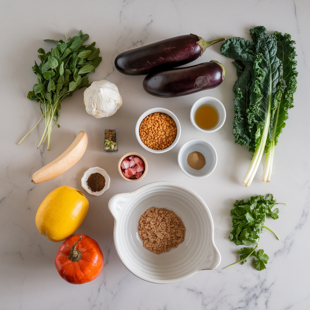 Ingredients for Szechuan Eggplant & Lentil Stir-Fry with Crispy Kale