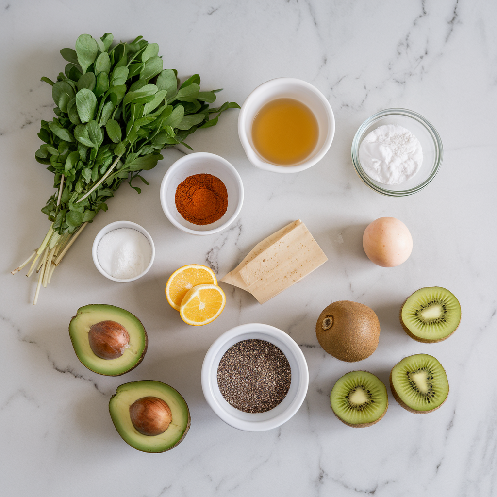Ingredients for Tropical Chia Coconut Pudding with Avocado and Spiced Kiwi
