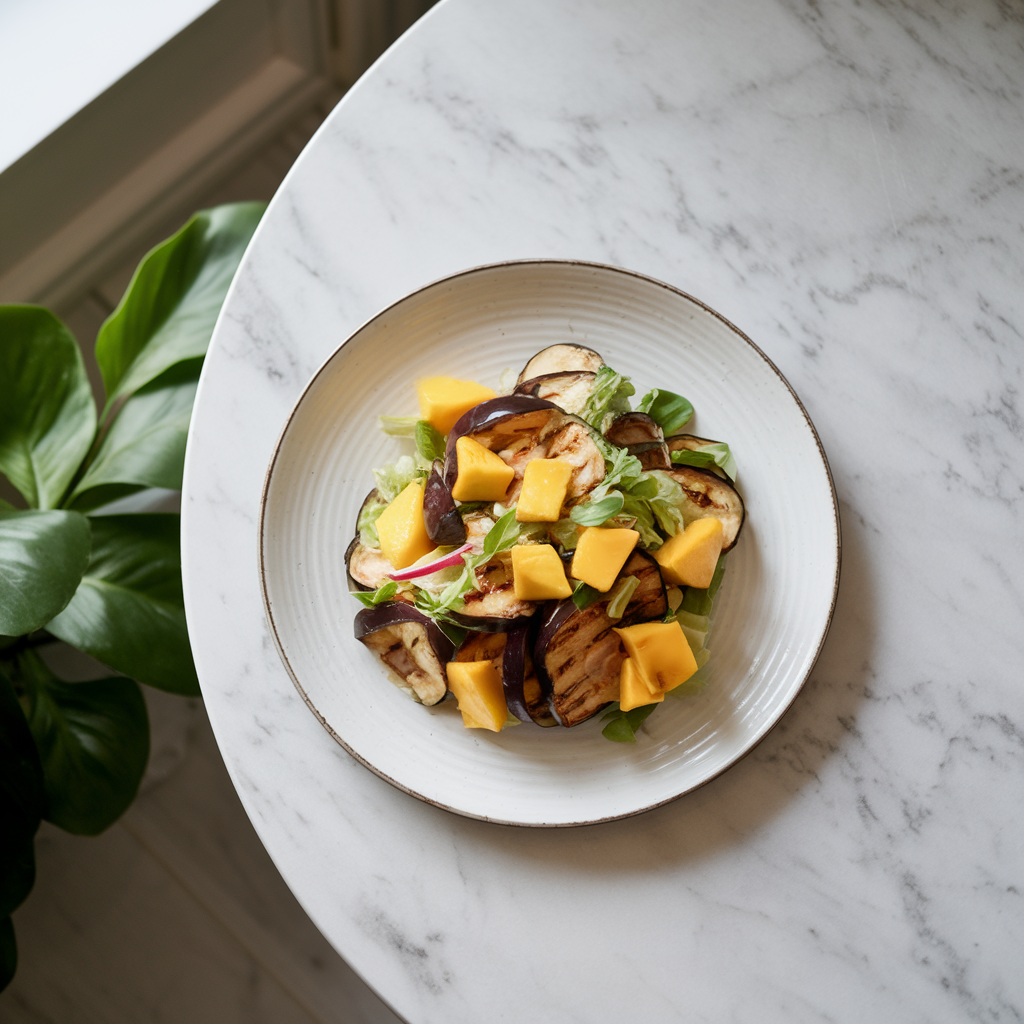 Tropical Grilled Eggplant & Mango Salad with Black Bean Citrus Vinaigrette