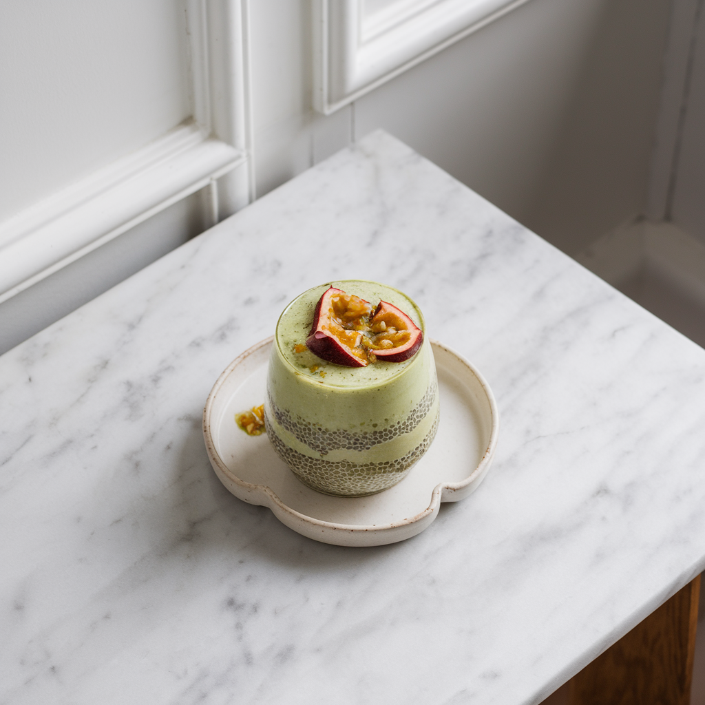 Tropical Matcha Chia Parfaits with Passion Fruit Drizzle