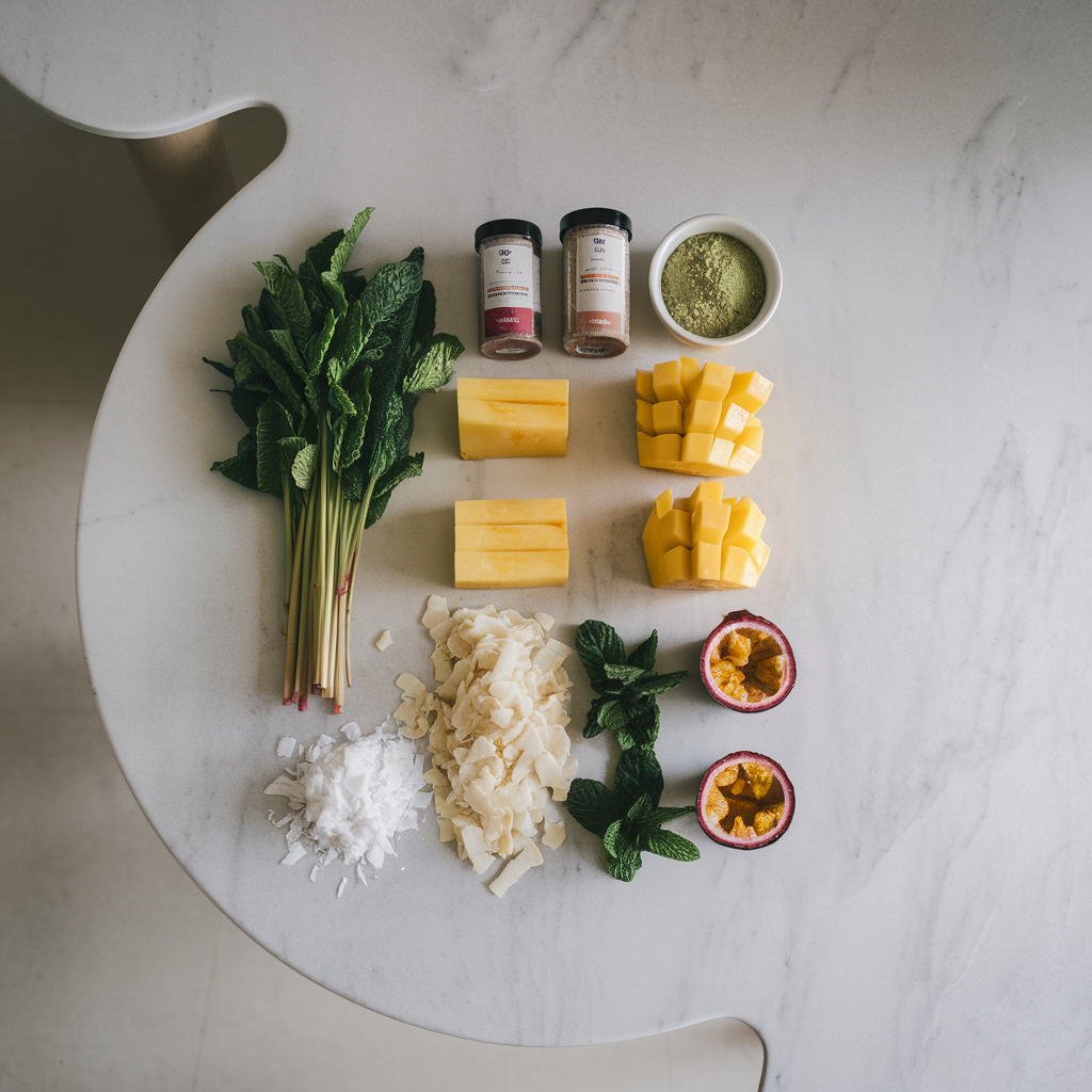 Ingredients for Tropical Matcha Chia Parfaits with Passion Fruit Drizzle