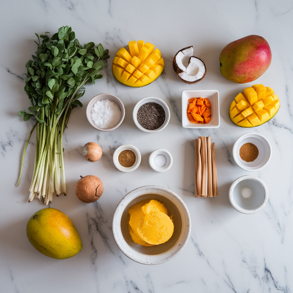 Ingredients for Tropical Turmeric Mango Sorbet with Coconut Chia Crunch