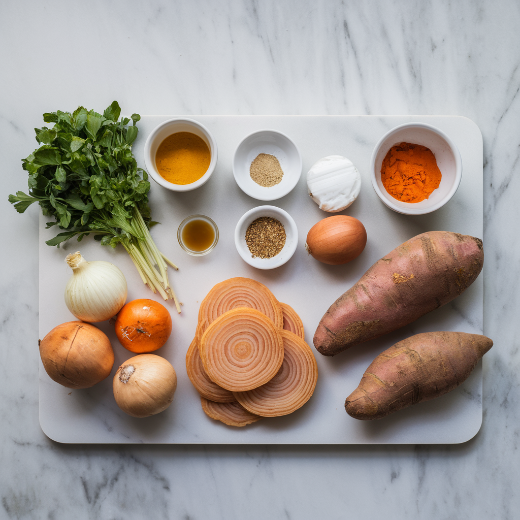 Ingredients for Turmeric-Spiced Sweet Potato Flatbread with Caramelized Onion Swirl