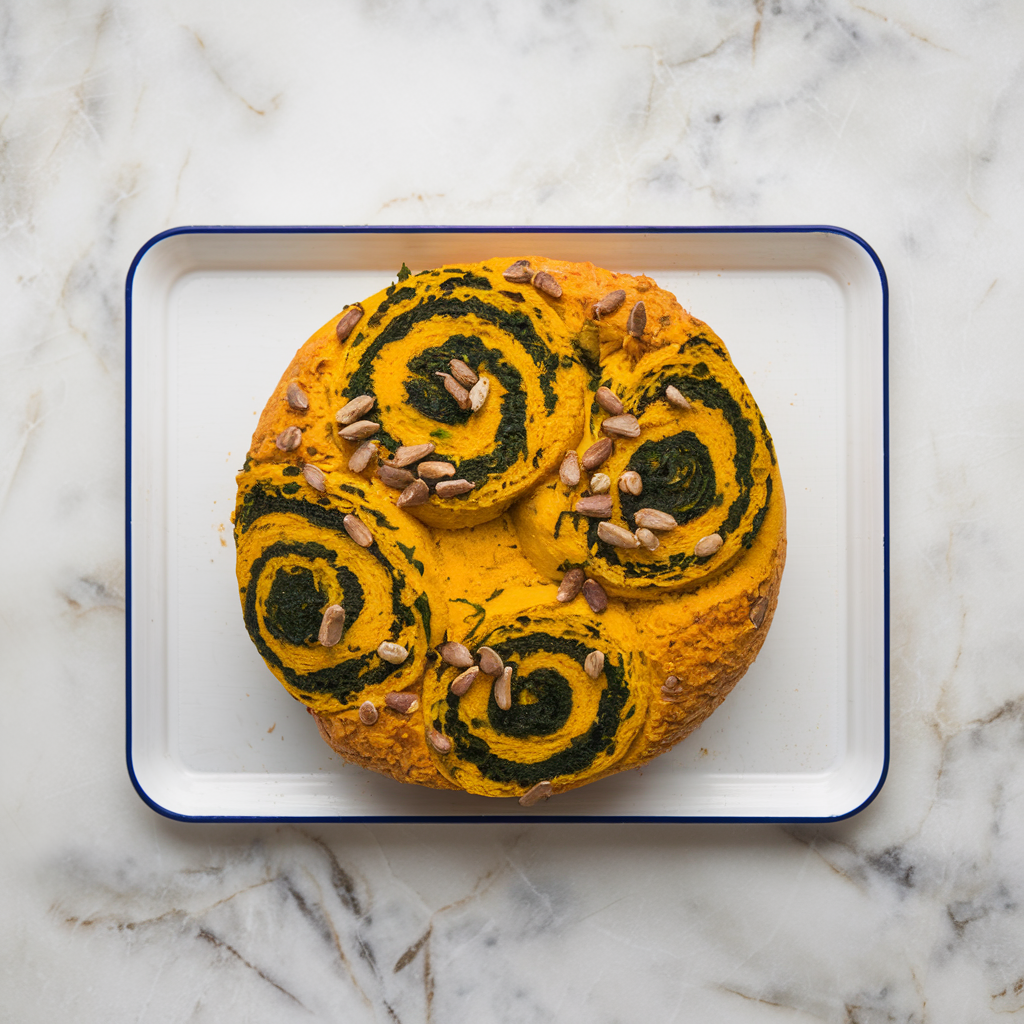 Vibrant Turmeric and Spinach Swirl Bread with Sunflower Seeds