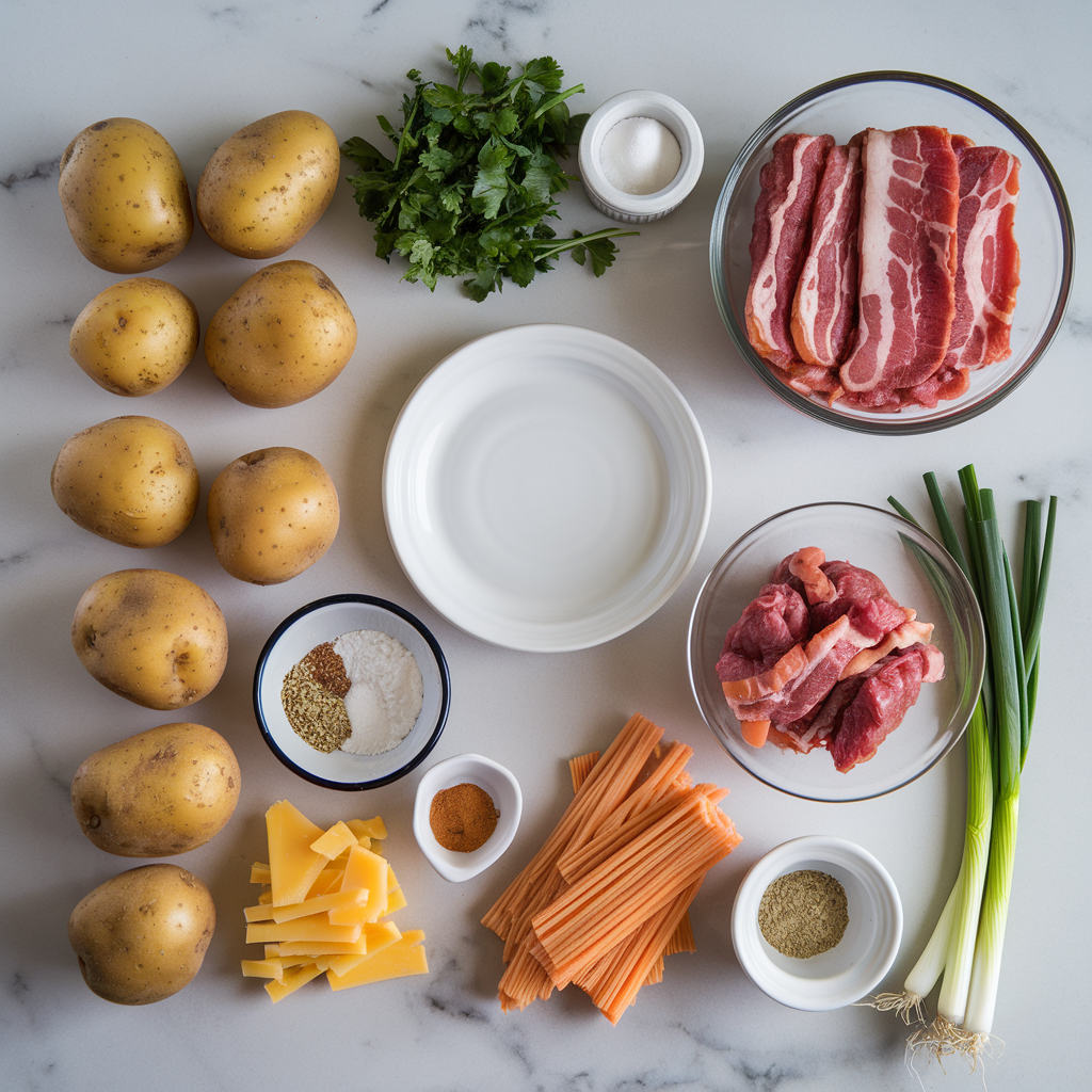 Ingredients for Ultimate BBQ Beef and Bacon Stuffed Potato Skins
