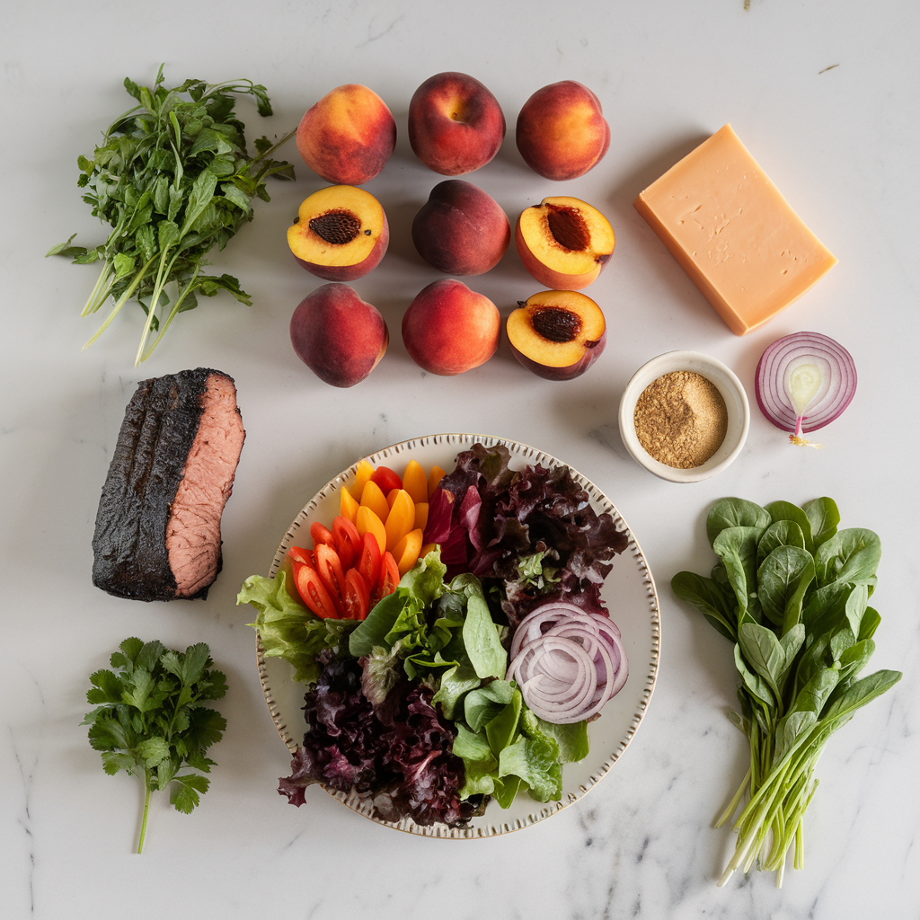 Ingredients for Ultimate BBQ Brisket & Grilled Peach Salad with Smoked Gouda Croutons