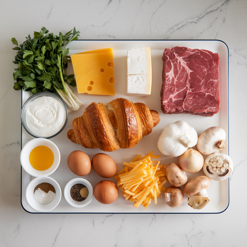 Ingredients for Ultimate Breakfast Beef & Cheese Croissant Casserole