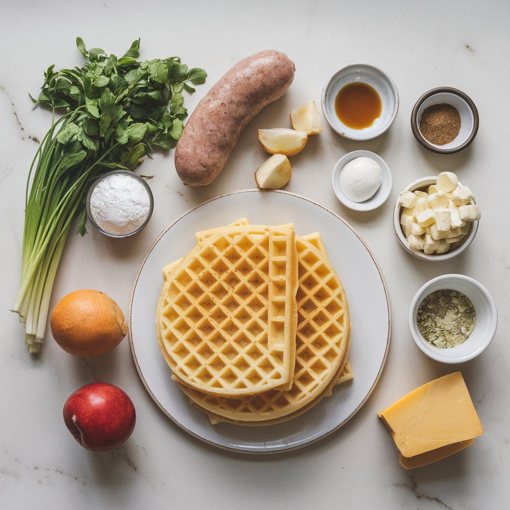 Ingredients for Ultimate Breakfast Sausage and Cheddar Waffle Stack