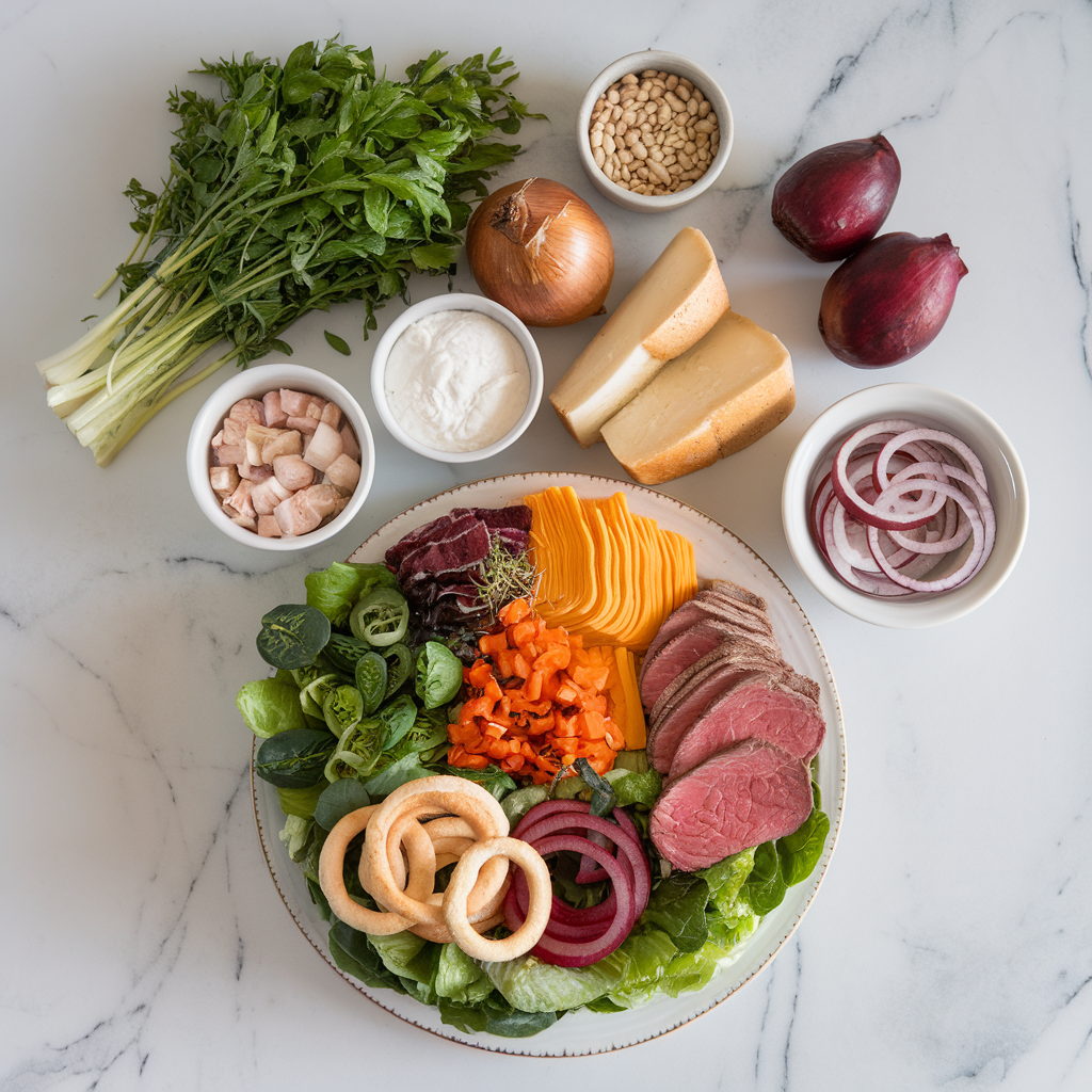 Ingredients for Ultimate Steak & Cheese Cobb Salad with Onion Ring Croutons