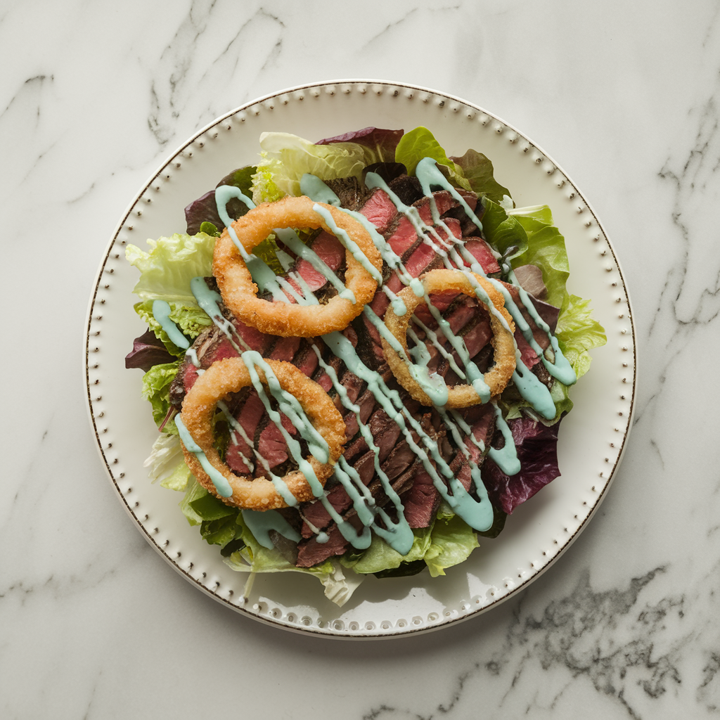 Ultimate Steakhouse Salad with Crispy Onion Rings and Blue Cheese Drizzle