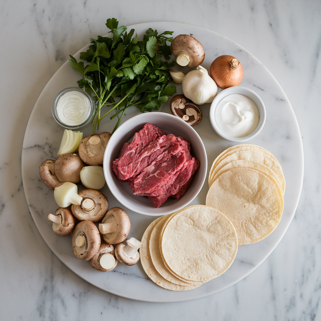 Ingredients for Umami-Blasted Beef & Mushroom Stroganoff Tacos
