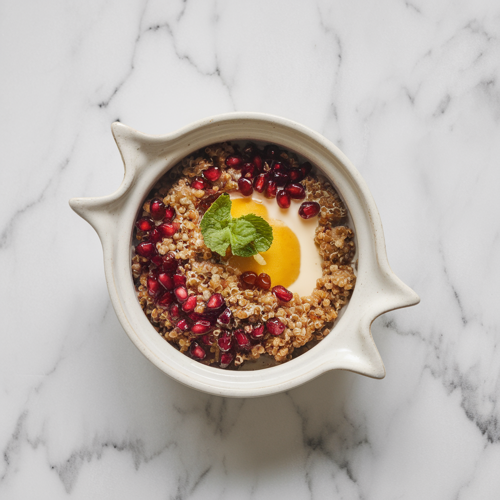 Vegan Cardamom Quinoa Pudding with Spiced Pomegranate Reduction