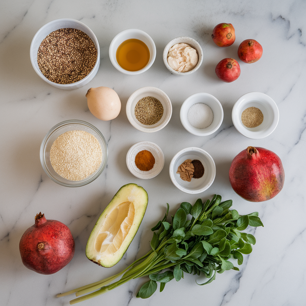Ingredients for Vegan Cardamom Quinoa Pudding with Spiced Pomegranate Reduction