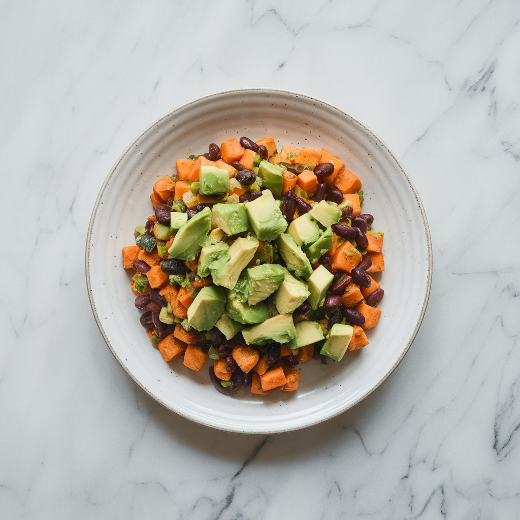 Vegan Sweet Potato & Black Bean Breakfast Hash with Avocado Salsa