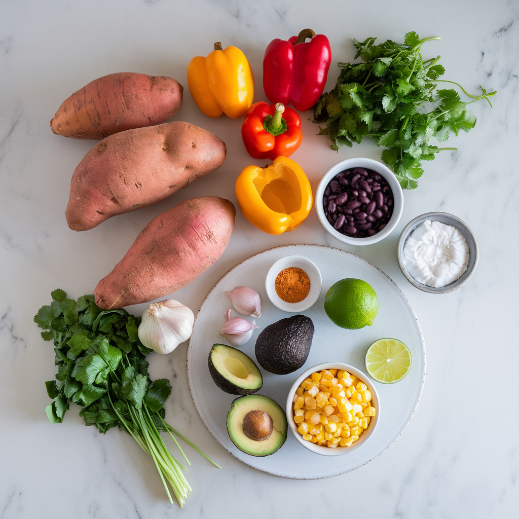 Ingredients for Vegan Sweet Potato & Black Bean Breakfast Hash with Avocado Salsa
