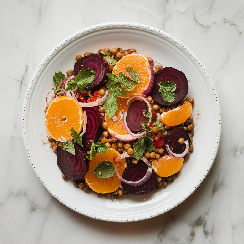 Ingredients for Vibrant Beetroot and Citrus Lentil Salad with Spicy Honey Vinaigrette